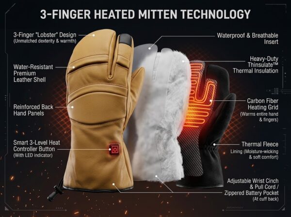 3 in 1 leather heated lobster gloves